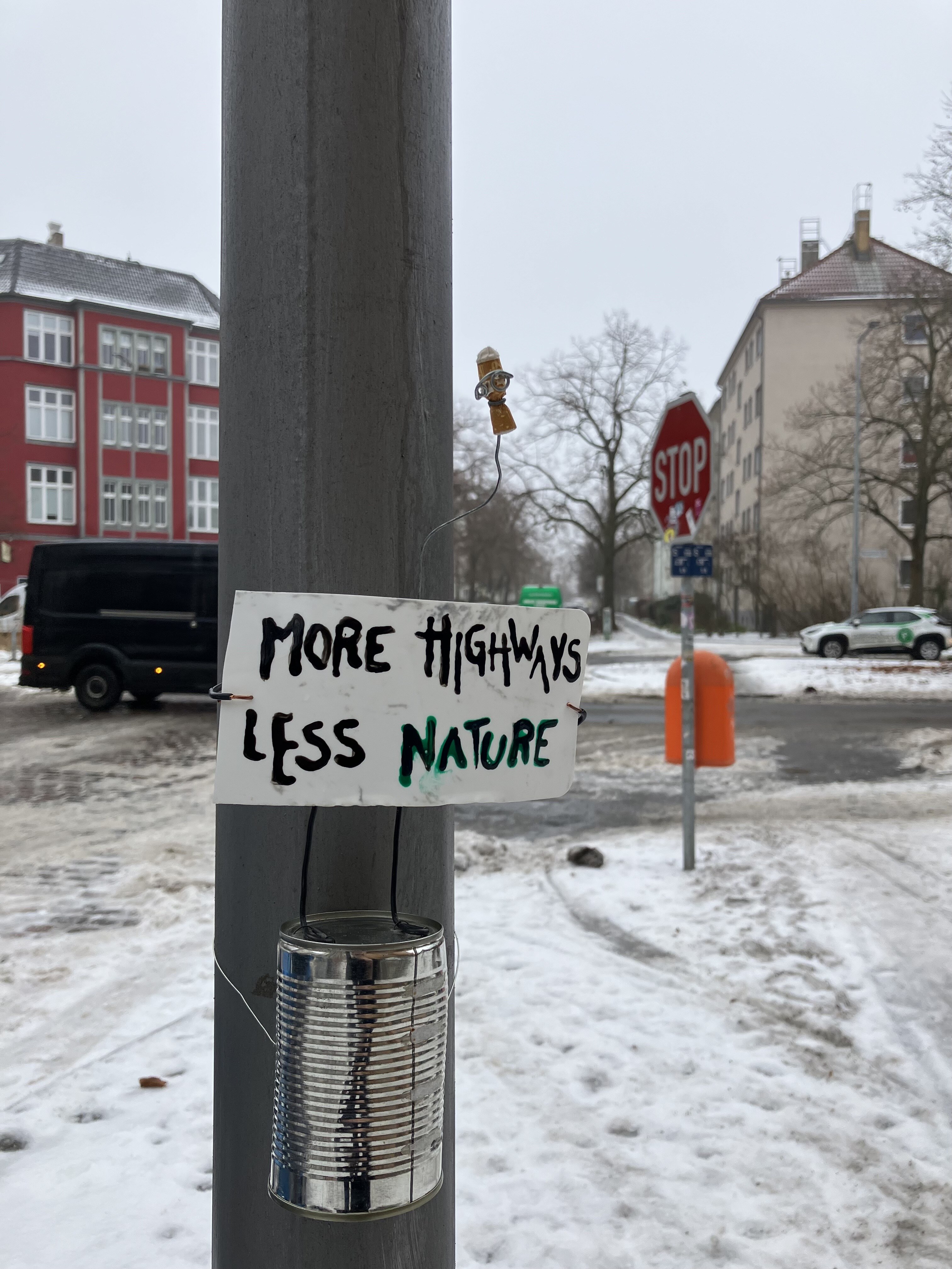 Peaceful Demonstrator carrying the paradoxical message More highways less nature
